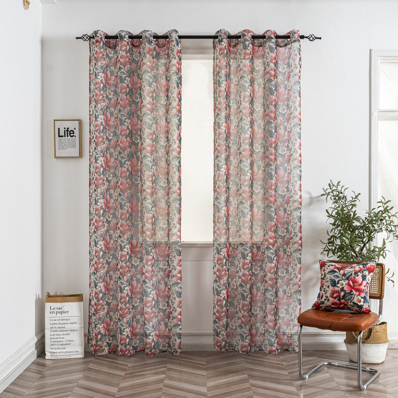 Cortina de Linho com Estampa Floral Vermelho 140*260cm-Individual - BOD HOME