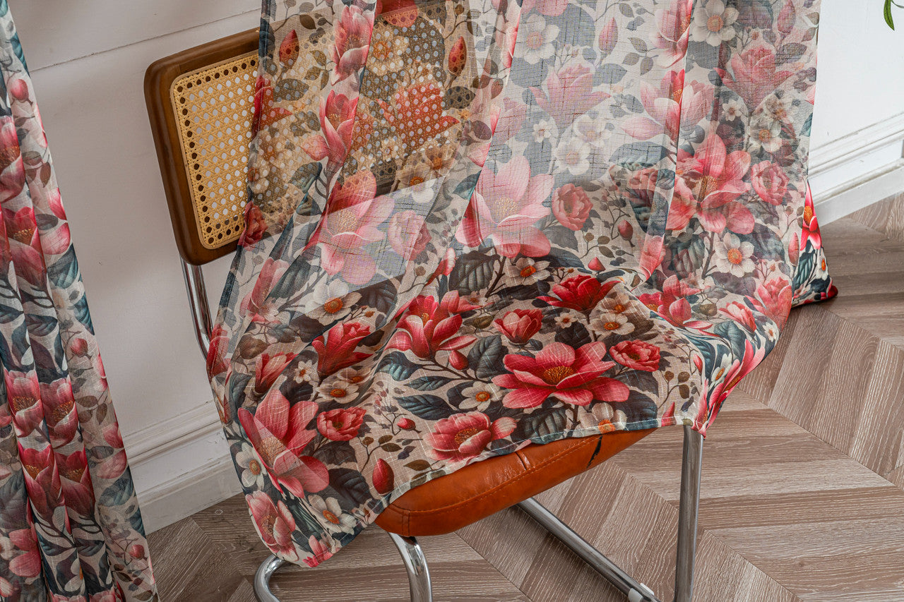 Cortina de Linho com Estampa Floral Vermelho 140*260cm-Individual - BOD HOME