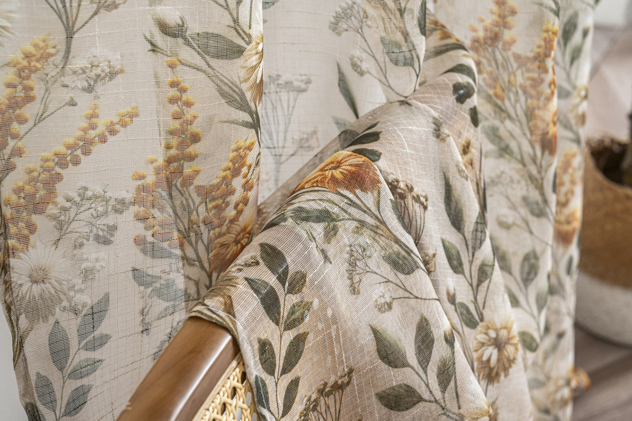 Cortina de Linho com Estampa Floral Amarela 140*260cm-Individual - BOD HOME