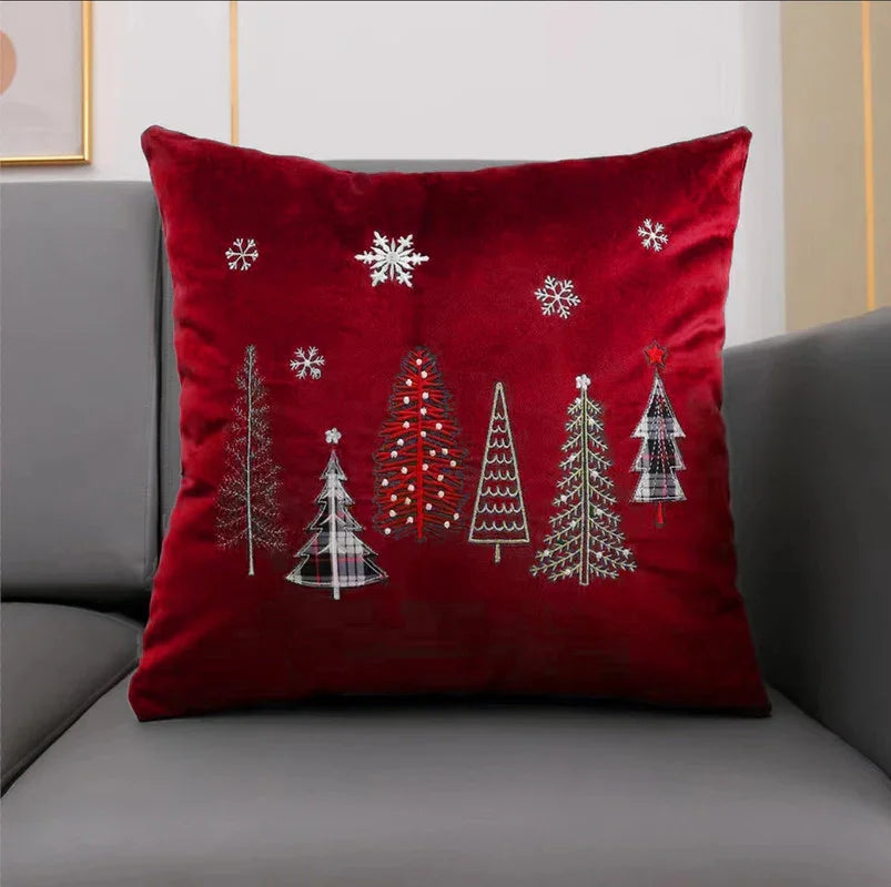 Capa de Almofada com Flocos de Neve e Árvores de Natal Vermelho 45x45cm - BOD HOME