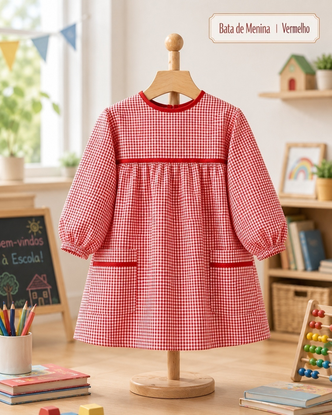 Bibe escolar menina xadrez vermelho - Jardim de infância