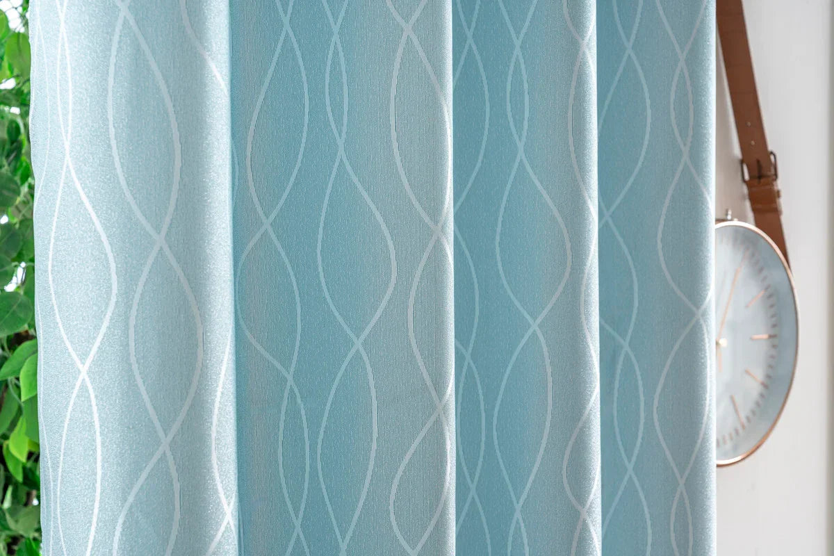 Cortina Jacquard Brilhante Azul com Design de Ondas 140x260cm-Individual - BOD HOME