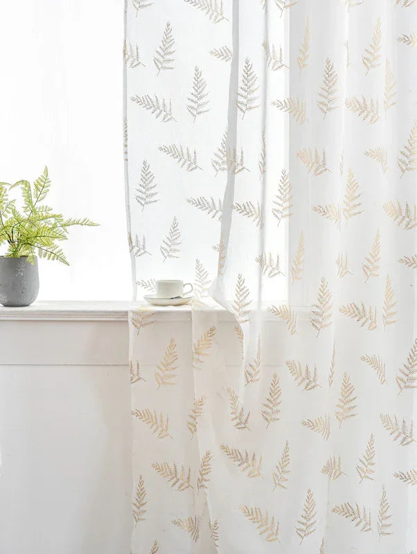 Cortina Estampada 3D Dourada Folhas Elegantes Branca 140x260CM-Individual - BOD HOME