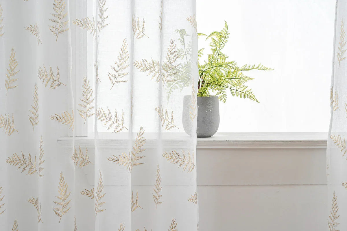 Cortina Estampada 3D Dourada Folhas Elegantes Branca 140x260CM-Individual - BOD HOME