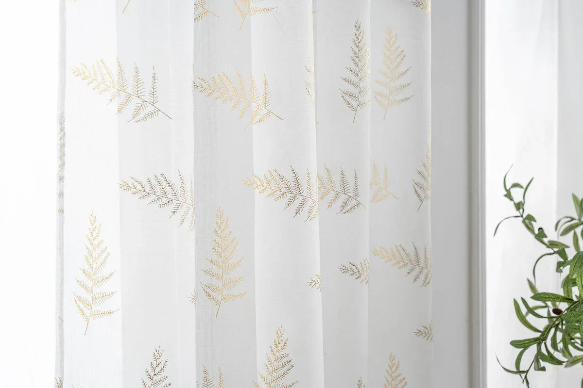 Cortina Estampada 3D Dourada Folhas Elegantes Branca 140x260CM-Individual - BOD HOME