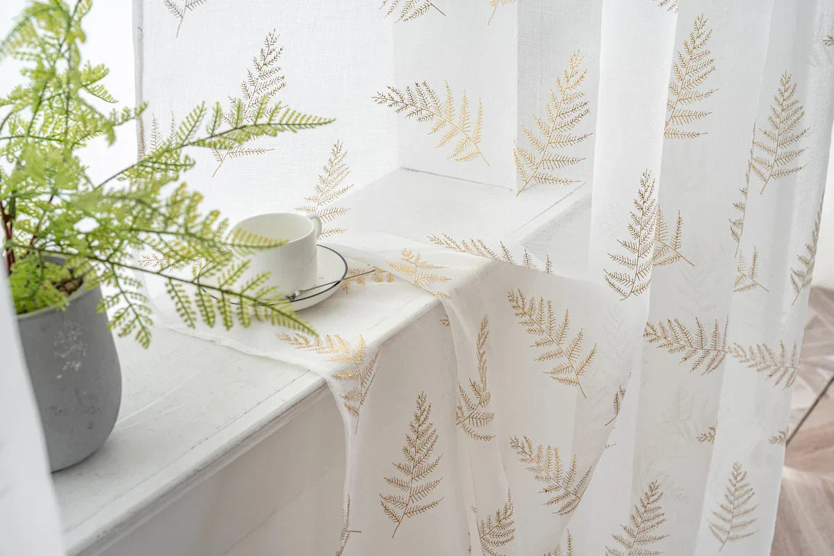 Cortina Estampada 3D Dourada Folhas Elegantes Branca 140x260CM-Individual - BOD HOME