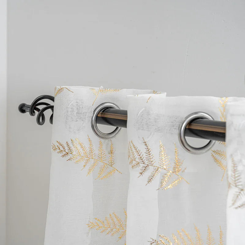 Cortina Estampada 3D Dourada Folhas Elegantes Branca 140x260CM-Individual - BOD HOME