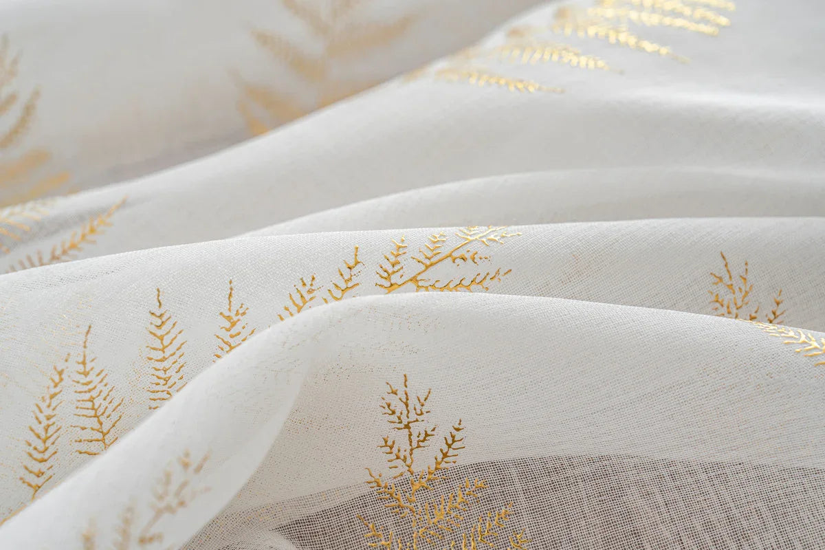 Cortina Estampada 3D Dourada Folhas Elegantes Branca 140x260CM-Individual - BOD HOME