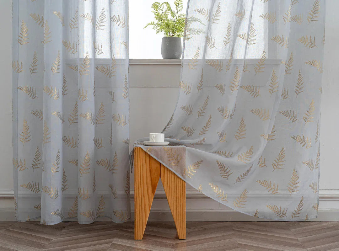 Cortina Estampada 3D Dourada Folhas Elegantes Azul 140x260CM-Individual - BOD HOME