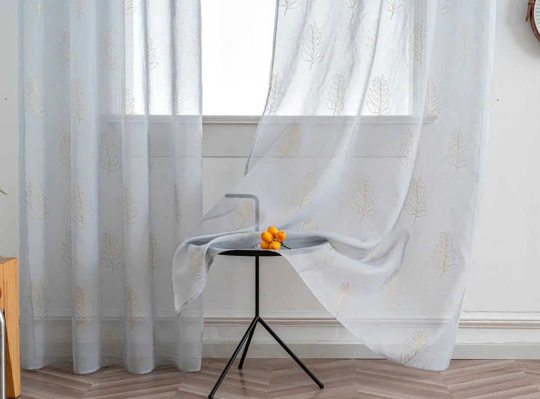 Cortina Estampada 3D Dourada Folhas Simples Azul 140x260CM-Individual - BOD HOME