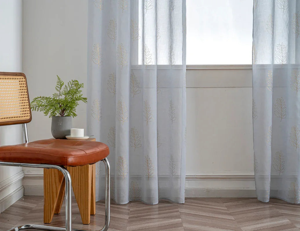 Cortina Estampada 3D Dourada Folhas Simples Azul 140x260CM-Individual - BOD HOME