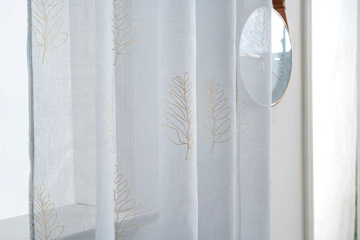 Cortina Estampada 3D Dourada Folhas Simples Azul 140x260CM-Individual - BOD HOME