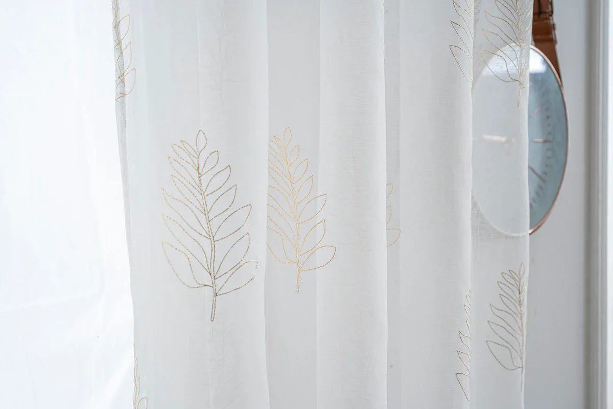 Cortina Estampada 3D Dourada Folhas Simples Branca 140x260CM-Individual - BOD HOME