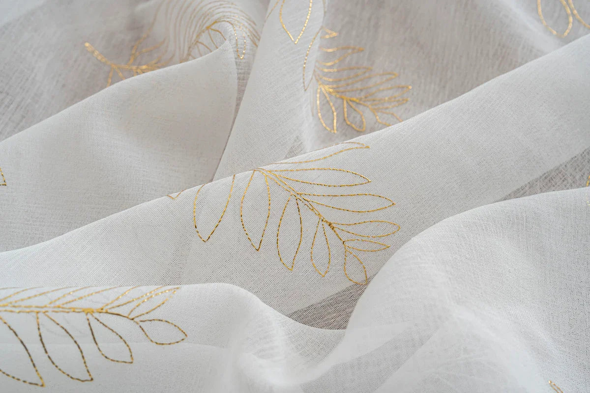 Cortina Estampada 3D Dourada Folhas Simples Branca 140x260CM-Individual - BOD HOME