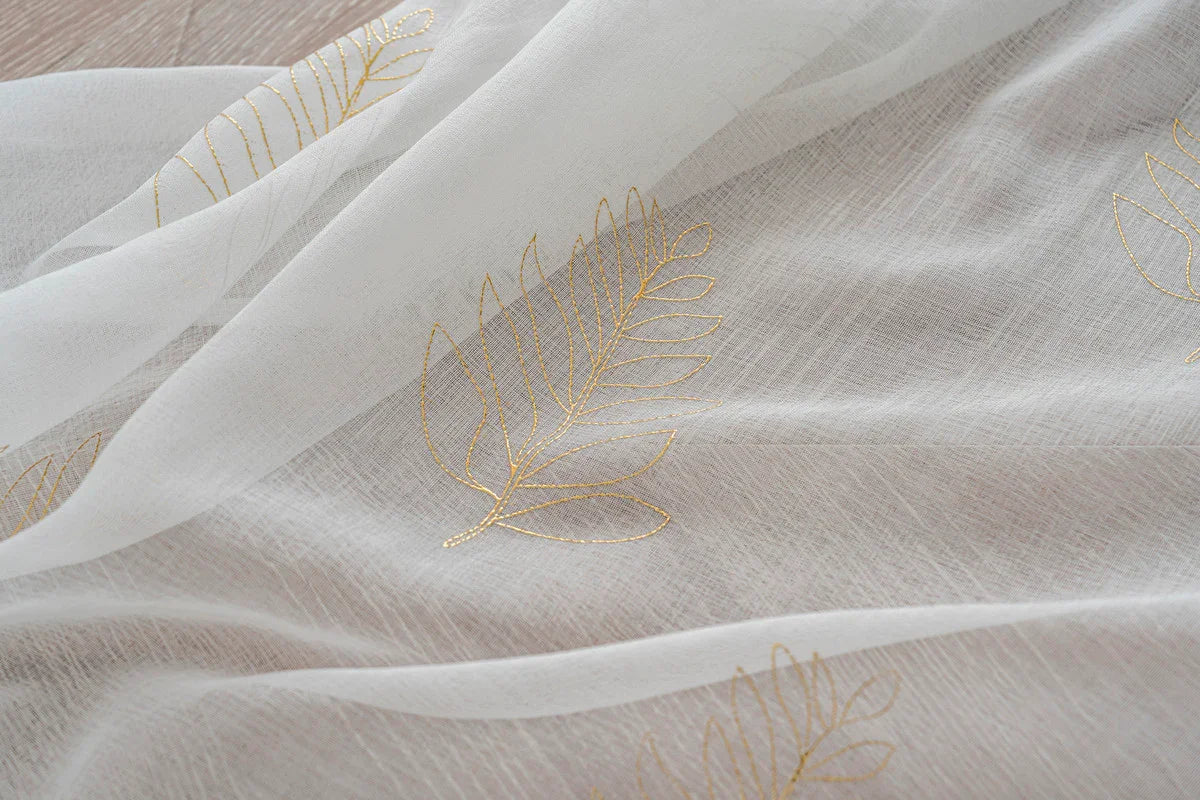 Cortina Estampada 3D Dourada Folhas Simples Branca 140x260CM-Individual - BOD HOME