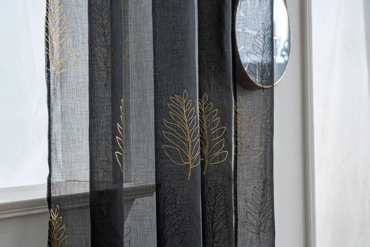 Cortina Estampada 3D Dourada Folhas Simples Preta 140x260CM-Individual - BOD HOME