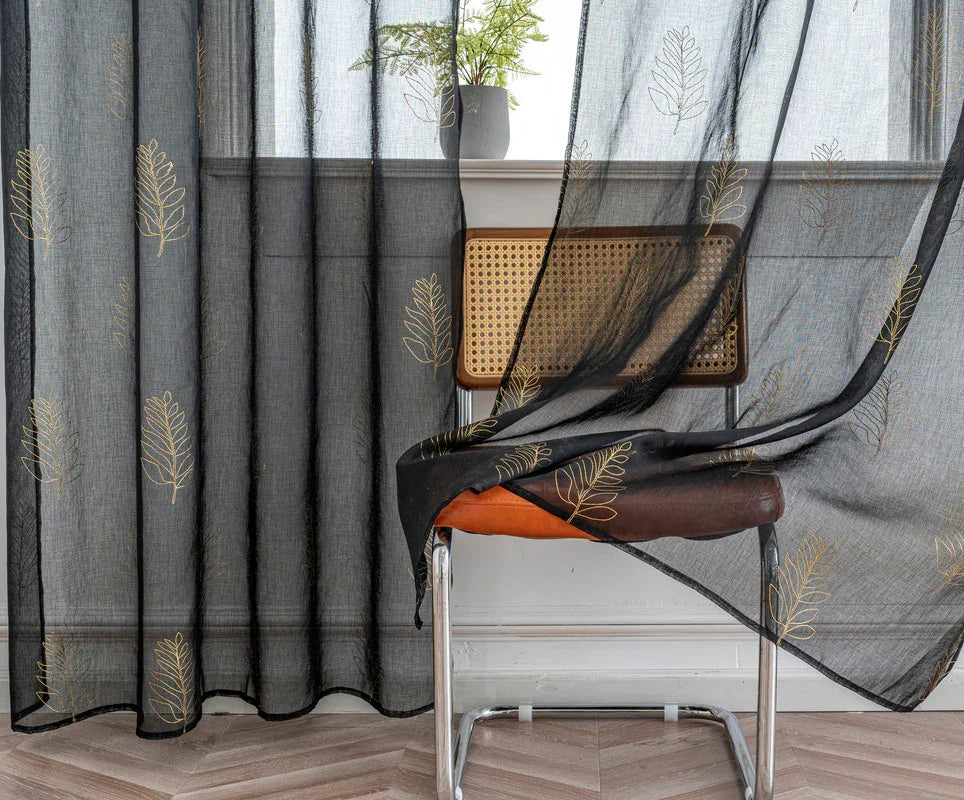 Cortina Estampada 3D Dourada Folhas Simples Preta 140x260CM-Individual - BOD HOME