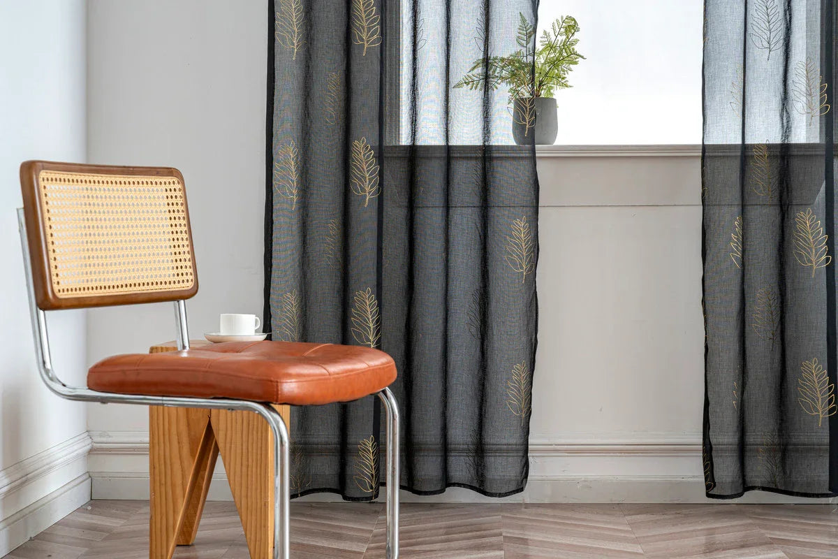 Cortina Estampada 3D Dourada Folhas Simples Preta 140x260CM-Individual - BOD HOME