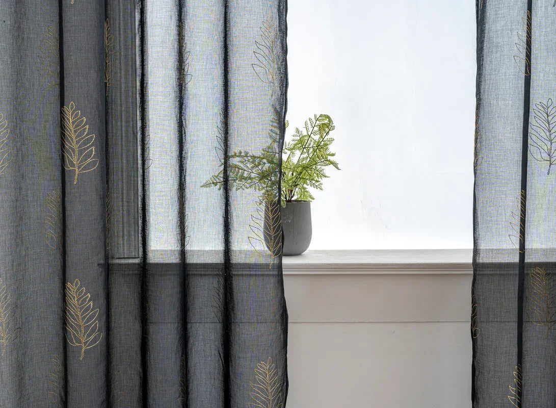 Cortina Estampada 3D Dourada Folhas Simples Preta 140x260CM-Individual - BOD HOME