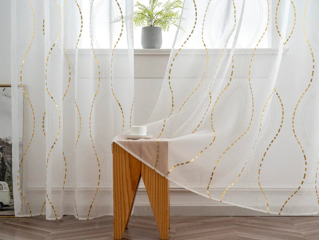 Cortina Estampada 3D Dourada-Linha Ondulada Branca 140x260CM-Individual - BOD HOME