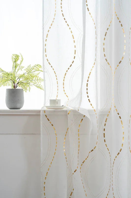 Cortina Estampada 3D Dourada-Linha Ondulada Branca 140x260CM-Individual - BOD HOME