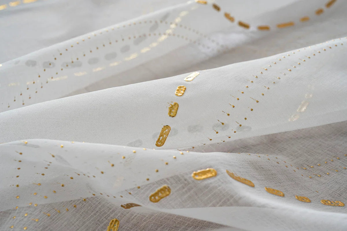 Cortina Estampada 3D Dourada-Linha Ondulada Branca 140x260CM-Individual - BOD HOME