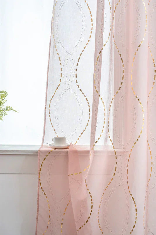 Cortina Estampada 3D Dourada-Linha Ondulada Cor-de-Rosa 140x260CM-Individual - BOD HOME