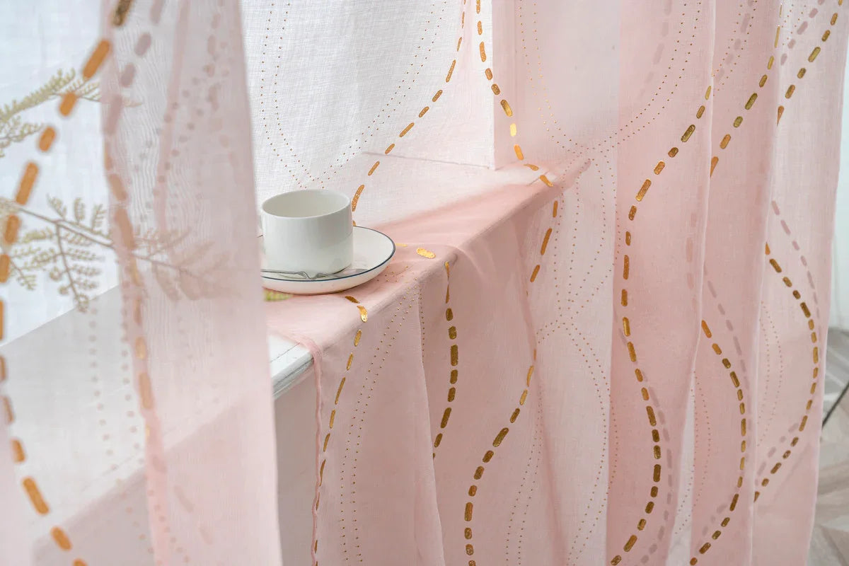 Cortina Estampada 3D Dourada-Linha Ondulada Cor-de-Rosa 140x260CM-Individual - BOD HOME