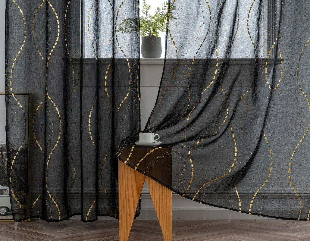 Cortina Estampada 3D Dourada-Linha Ondulada Preta 140x260CM-Individual - BOD HOME