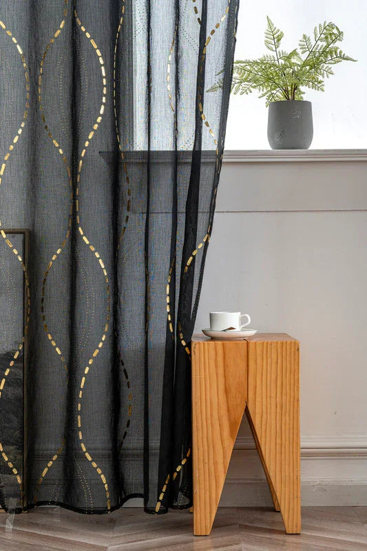 Cortina Estampada 3D Dourada-Linha Ondulada Preta 140x260CM-Individual - BOD HOME