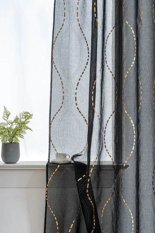 Cortina Estampada 3D Dourada-Linha Ondulada Preta 140x260CM-Individual - BOD HOME