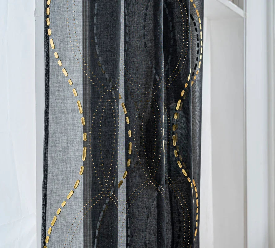Cortina Estampada 3D Dourada-Linha Ondulada Preta 140x260CM-Individual - BOD HOME