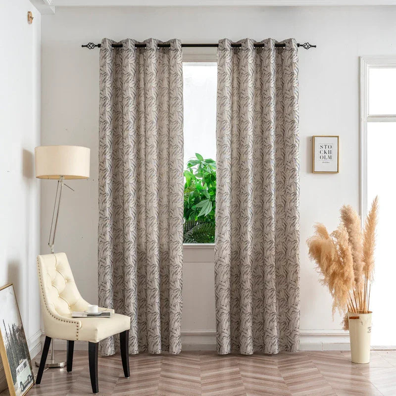 Cortina Jacquard Bege com Folhas em Linho Grosso 140x260cm-Individual - BOD HOME