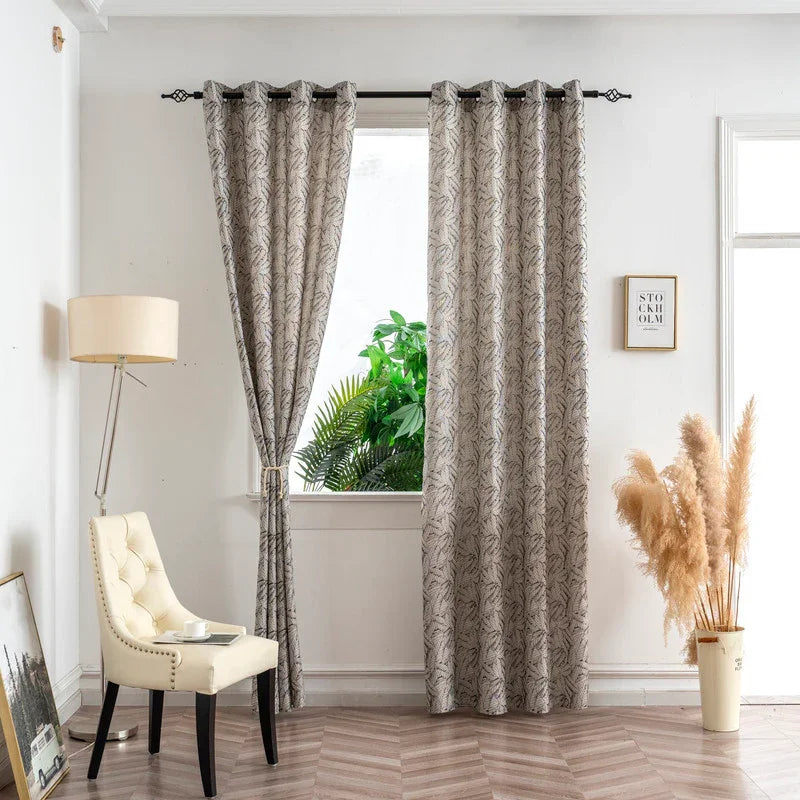 Cortina Jacquard Bege com Folhas em Linho Grosso 140x260cm-Individual - BOD HOME