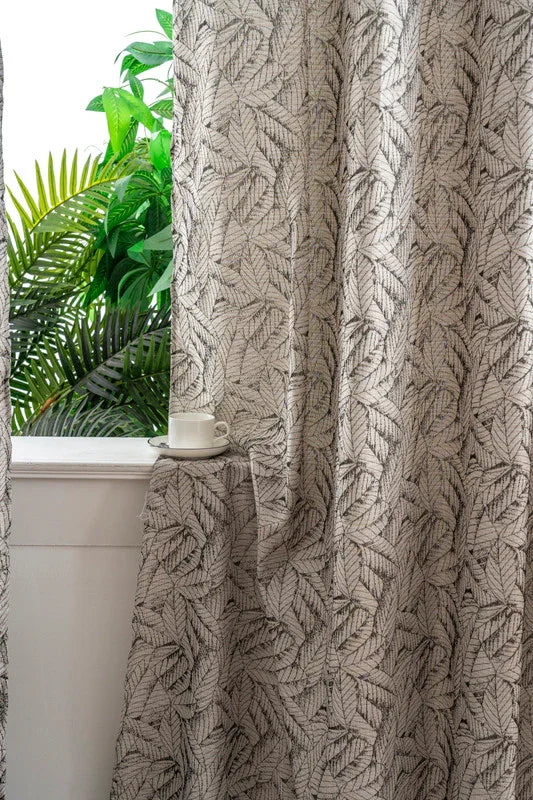 Cortina Jacquard Bege com Folhas em Linho Grosso 140x260cm-Individual - BOD HOME