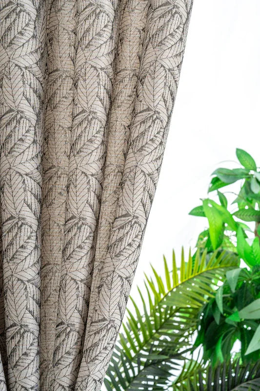 Cortina Jacquard Bege com Folhas em Linho Grosso 140x260cm-Individual - BOD HOME