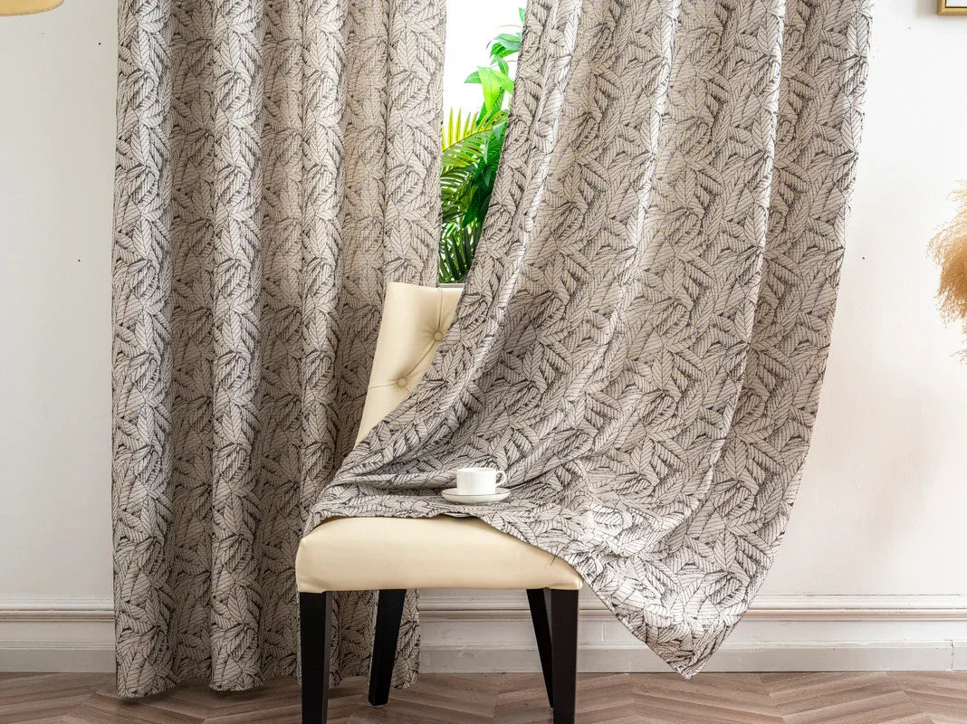 Cortina Jacquard Bege com Folhas em Linho Grosso 140x260cm-Individual - BOD HOME