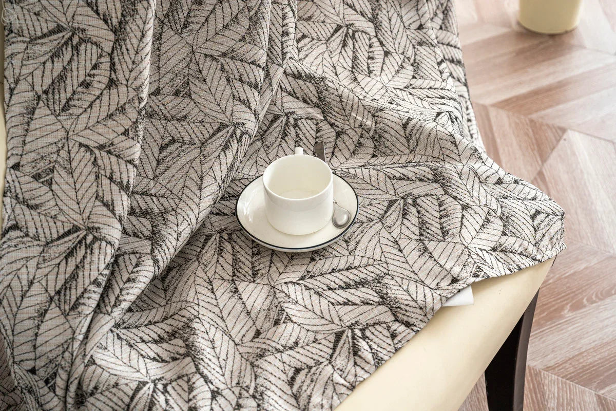 Cortina Jacquard Bege com Folhas em Linho Grosso 140x260cm-Individual - BOD HOME