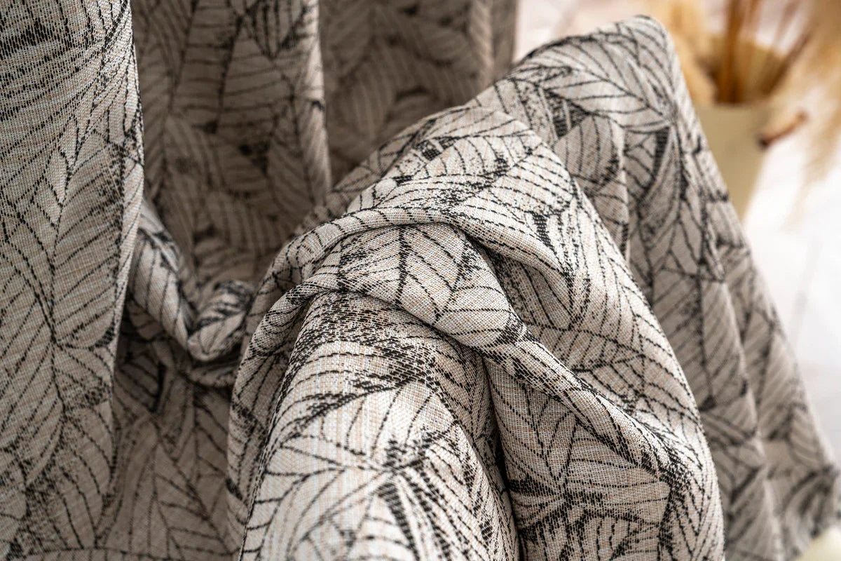 Cortina Jacquard Bege com Folhas em Linho Grosso 140x260cm-Individual - BOD HOME