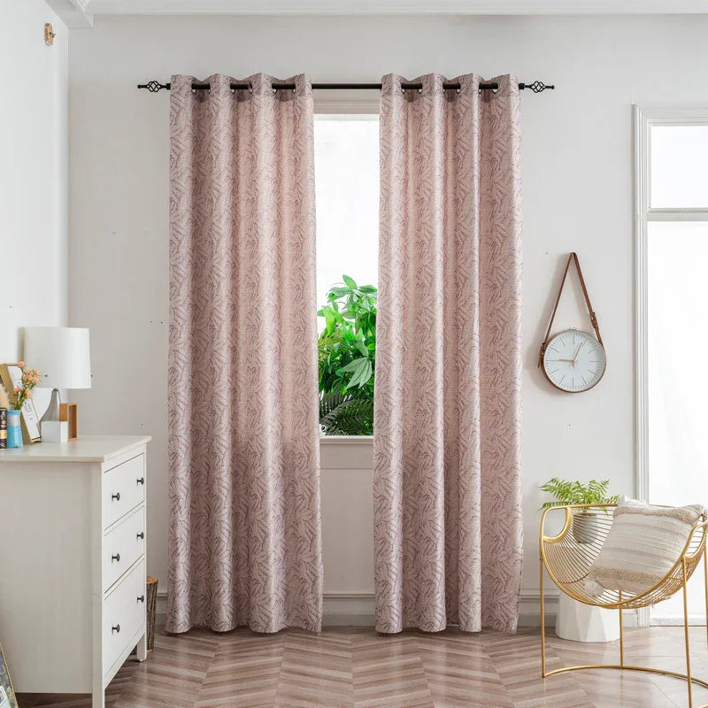 Cortina Jacquard Rosa com Folhas em Linho Grosso 140x260cm-Individual - BOD HOME