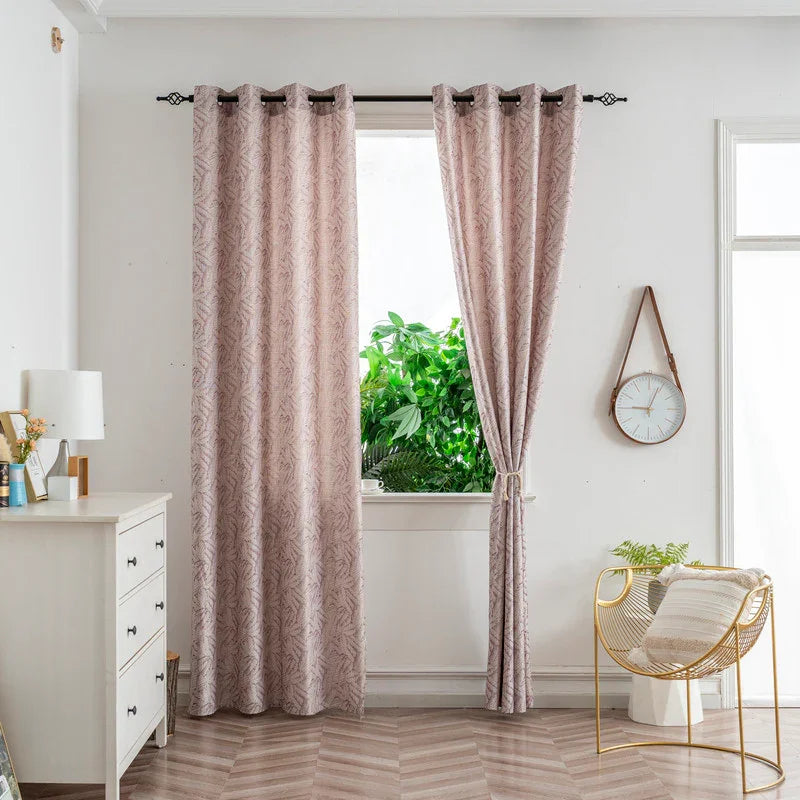 Cortina Jacquard Rosa com Folhas em Linho Grosso 140x260cm-Individual - BOD HOME