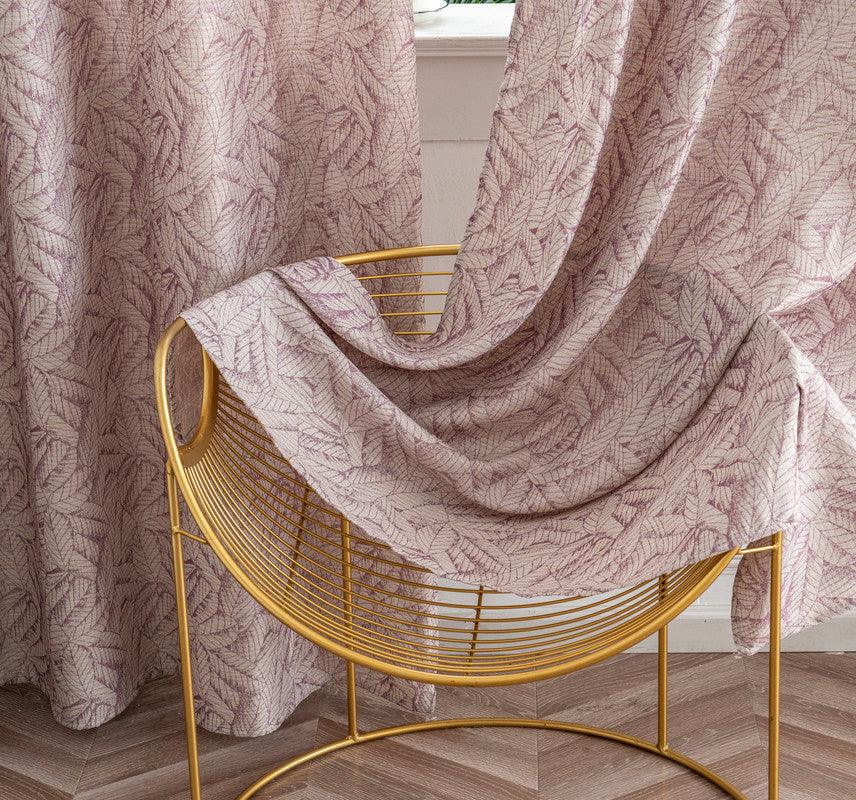 Cortina Jacquard Rosa com Folhas em Linho Grosso 140x260cm-Individual - BOD HOME