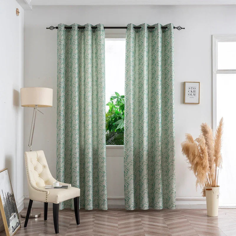 Cortina Jacquard Verde com Folhas em Linho Grosso 140x260cm-Individual - BOD HOME
