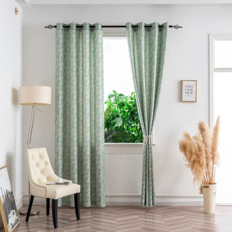 Cortina Jacquard Verde com Folhas em Linho Grosso 140x260cm-Individual - BOD HOME