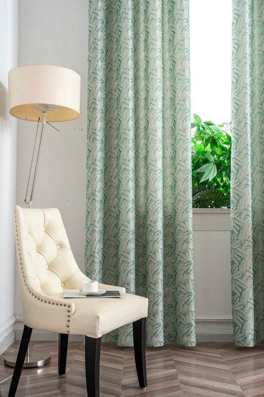 Cortina Jacquard Verde com Folhas em Linho Grosso 140x260cm-Individual - BOD HOME