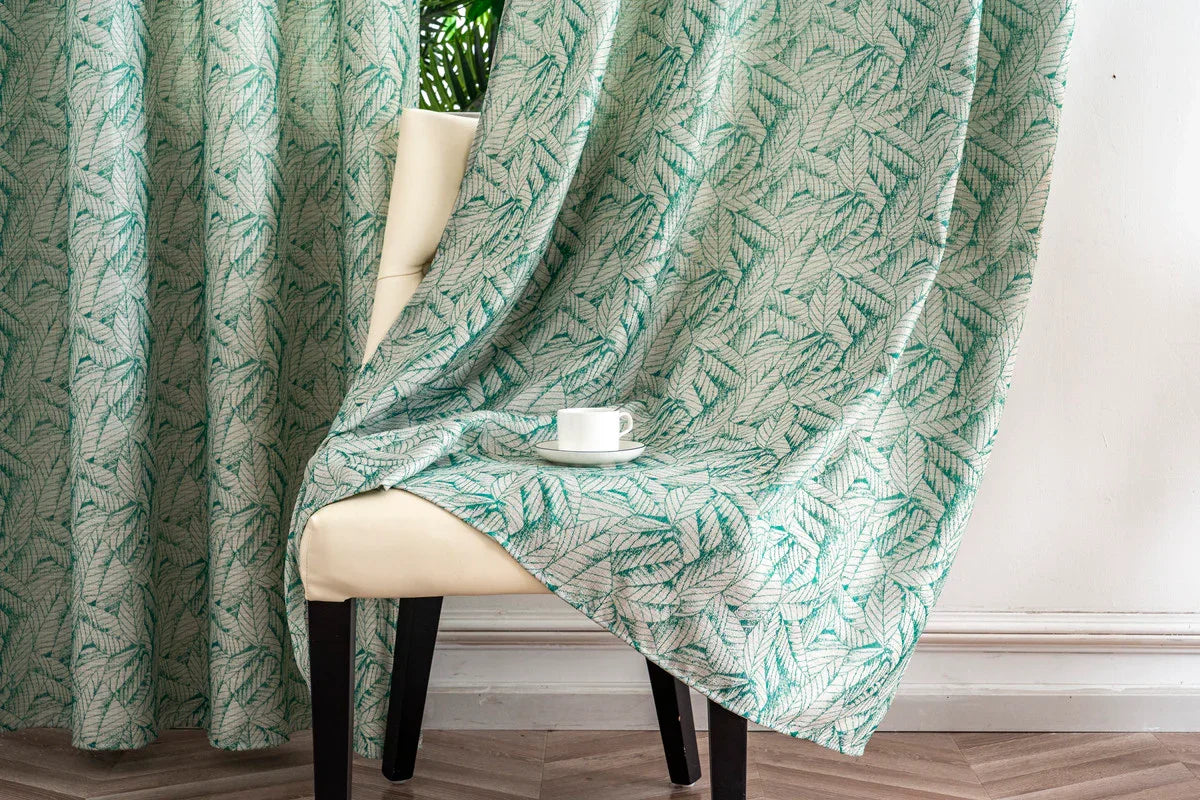 Cortina Jacquard Verde com Folhas em Linho Grosso 140x260cm-Individual - BOD HOME
