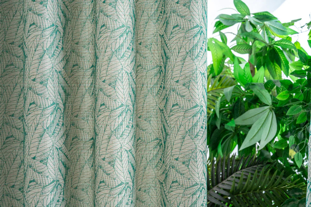 Cortina Jacquard Verde com Folhas em Linho Grosso 140x260cm-Individual - BOD HOME
