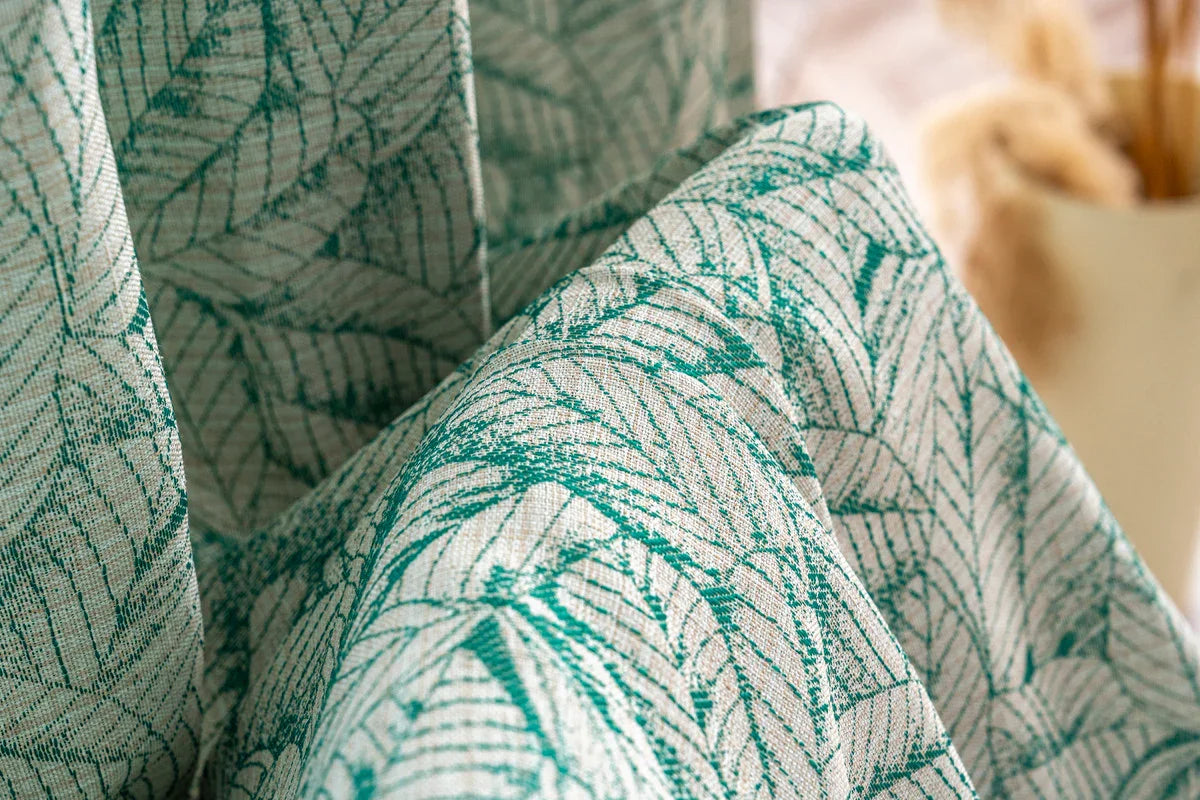 Cortina Jacquard Verde com Folhas em Linho Grosso 140x260cm-Individual - BOD HOME