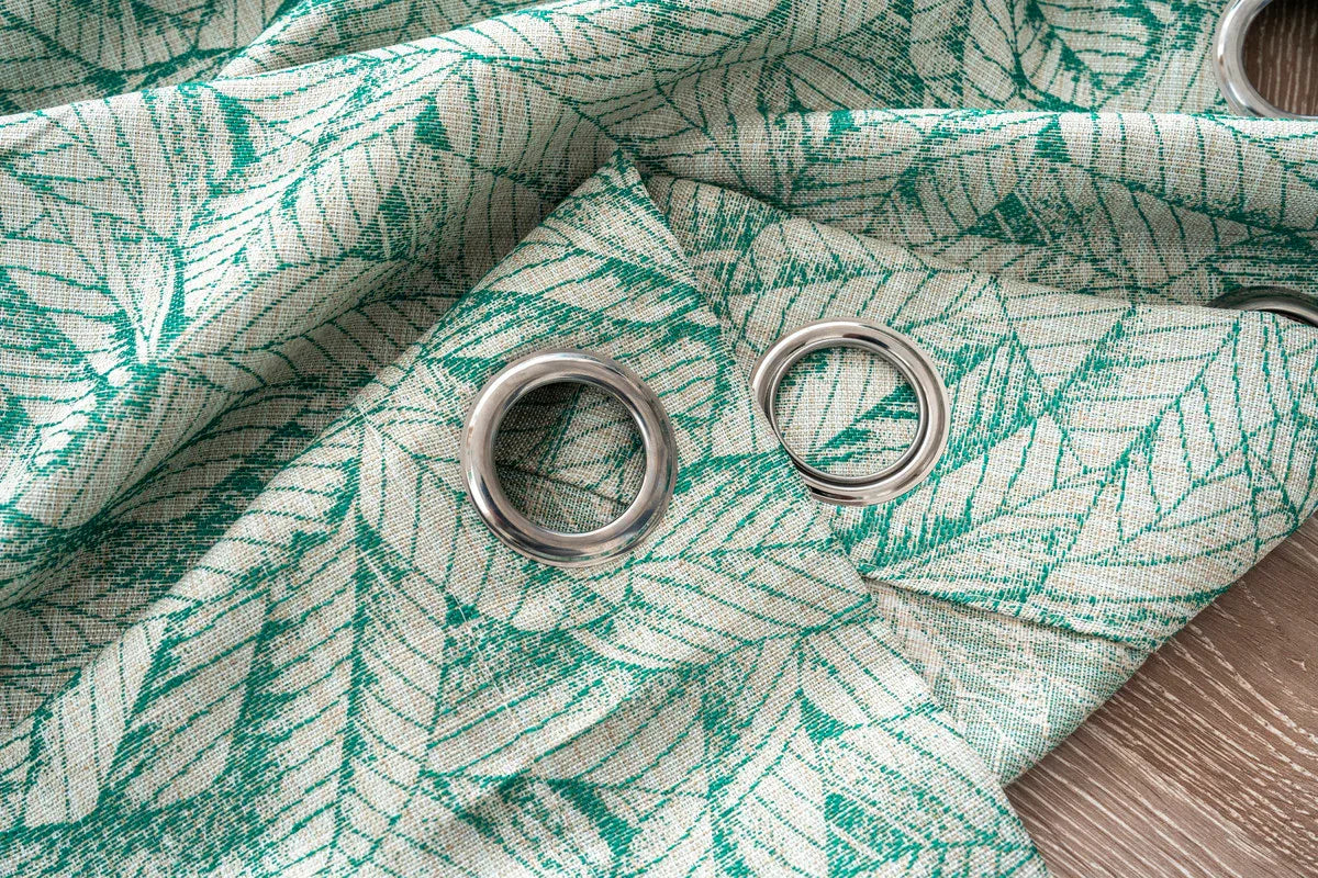 Cortina Jacquard Verde com Folhas em Linho Grosso 140x260cm-Individual - BOD HOME