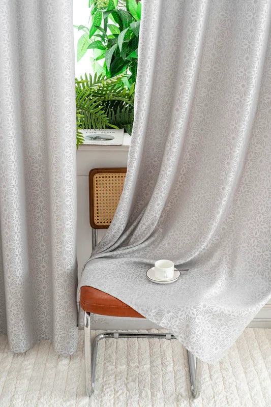 Cortina Opaca Jacquard Flores Cinza 140x260CM-Individual - BOD HOME
